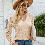 Vintage Long Sleeve Hollow Flowers Sexy Shirts Lace Tops