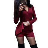 80% Hot Sales!!! Chic Women Solid Color Long Sleeve V Neck Double-breasted Dress Short Jumpsuit