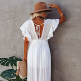 Women Swimsuit Cover Ups Mandarin Sleeve Kaftan Beach Tunic Dress Robe De Plage Solid White Pareo Beach Cover-ups