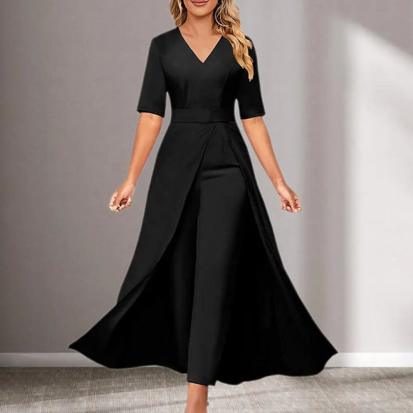 Ankle-length Jumpsuit Elegant V-neck Jumpsuit with Short Sleeves Ankle-length Dress-like Design for Women Formal Commute Wear