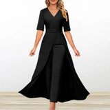Ankle-length Jumpsuit Elegant V-neck Jumpsuit with Short Sleeves Ankle-length Dress-like Design for Women Formal Commute Wear