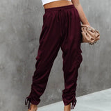 Women Harem Pants Pleated Solid Color Multiple Pockets Elastic Waist Ankle-banded Dress Up Drawstring High Waist Casual Trousers