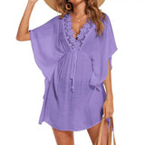 Sheer Swim Cover Up Stylish Women's Beach Dress with Lace Trim Flowy Swimsuit Cover Up for Summer V-neck Chiffon for Pool