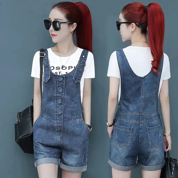 Denim Rompers Women Summer Baggy Solid Suspender Jeans Student Jeans Jumpsuit Korean Style Casual Denim Shorts Strap Dresses