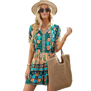 Ethnic Style Printed Dress For Women With A V-neck Pullover And Knee Length Skirt 6411077