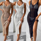 Bikini Cover Ups Women Solid Color Hollow Sleeveless Backless Belted Holiday Beach Dress with Side Slits Swimwear Blouse