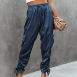 Women Harem Pants Pleated Solid Color Multiple Pockets Elastic Waist Ankle-banded Dress Up Drawstring High Waist Casual Trousers